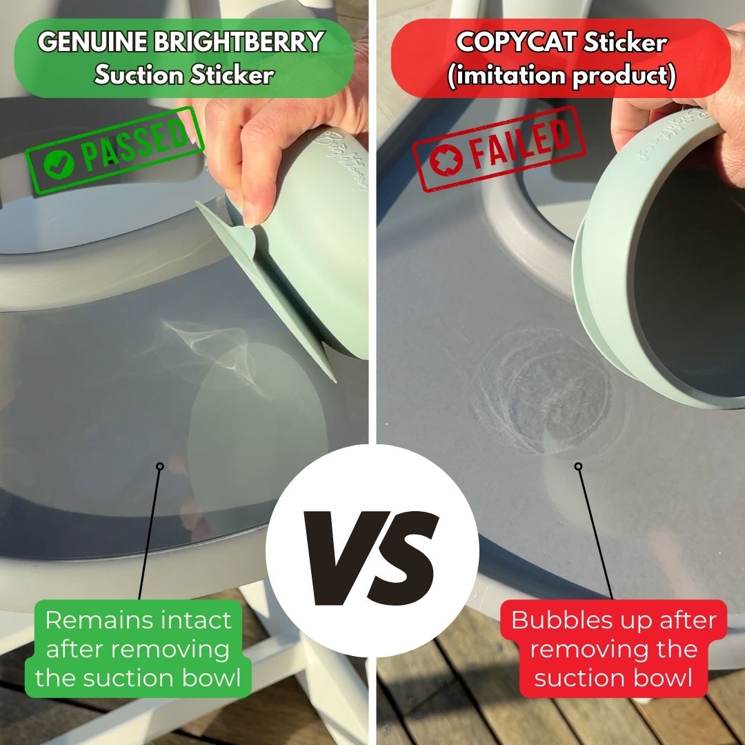 Comparative image showcasing two suction stickers. On the left, the 'Genuine Brightberry Suction Sticker' is shown with a 'PASSED' label, remaining intact after the removal of the suction bowl, indicating high quality. On the right, the 'COPYCAT Sticker (imitation product)' displays a 'FAILED' label, showing bubbles and detachment issues after the suction bowl is removed, highlighting inferior quality. 