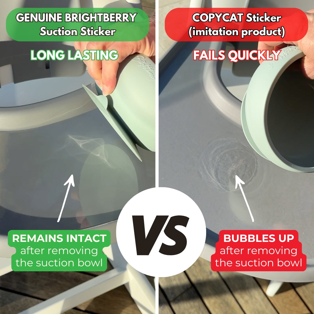 Side-by-side comparison image of two suction stickers. On the left, the Genuine Brightberry Suction Sticker is labeled 'Long Lasting' and 'Remains Intact after removing the suction bowl,' showing a smooth surface. On the right, the Copycat Sticker (imitation product) is labeled 'Fails Quickly' and 'Bubbles Up after removing the suction bowl,' with visible bubbles and detachment on the surface.